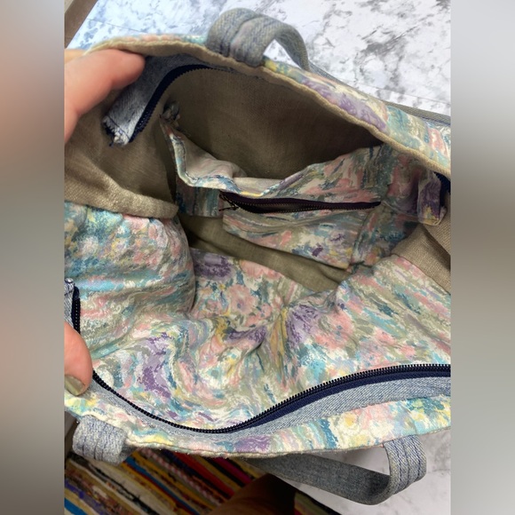 Vintage 90s Pastel Floral Quilted Denim Handle Cottagecore should bag Purse - Picture 11 of 15